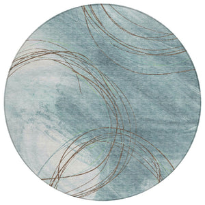 HomeRoots 8' Teal Blue Brown Ivory Round Abstract Rug - Stylish, Washable & Durable for Indoor/Outdoor Spaces 690377