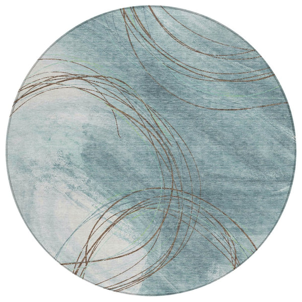 HomeRoots 8' Teal Blue Brown Ivory Round Abstract Rug - Stylish, Washable & Durable for Indoor/Outdoor Spaces 690377