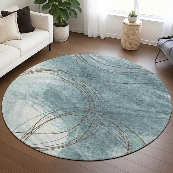 HomeRoots 8' Teal Blue Brown Ivory Round Abstract Rug - Stylish, Washable & Durable for Indoor/Outdoor Spaces 690377