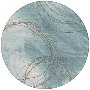 HomeRoots 8' Teal Blue Brown Ivory Round Abstract Rug - Stylish, Washable & Durable for Indoor/Outdoor Spaces 690377