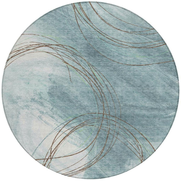 HomeRoots 8' Teal Blue Brown Ivory Round Abstract Rug - Stylish, Washable & Durable for Indoor/Outdoor Spaces 690377