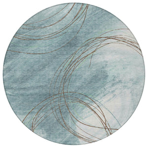 HomeRoots 8' Teal Blue Brown Ivory Round Abstract Rug - Stylish, Washable & Durable for Indoor/Outdoor Spaces 690377