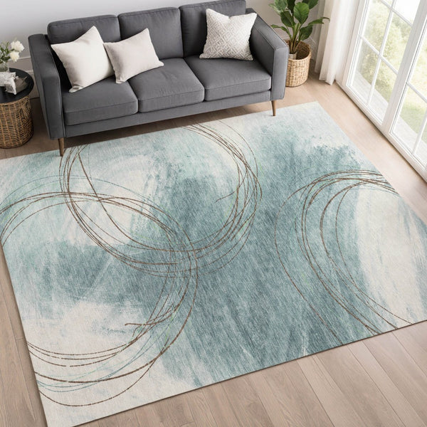 HomeRoots 9' X 12' Stylish Teal Blue Brown Ivory Washable Area Rug - Perfect for Indoor & Outdoor Use! 690379