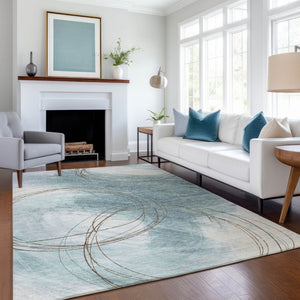 HomeRoots 9' X 12' Stylish Teal Blue Brown Ivory Washable Area Rug - Perfect for Indoor & Outdoor Use! 690379