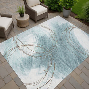 HomeRoots 9' X 12' Stylish Teal Blue Brown Ivory Washable Area Rug - Perfect for Indoor & Outdoor Use! 690379