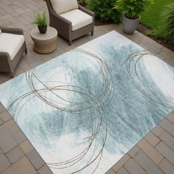 HomeRoots 9' X 12' Stylish Teal Blue Brown Ivory Washable Area Rug - Perfect for Indoor & Outdoor Use! 690379