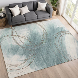 HomeRoots 10' Teal Blue Brown Ivory Abstract Washable Area Rug - Durable Indoor/Outdoor Design for Any Space 690380