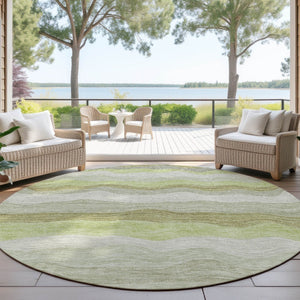 HomeRoots 8' Round Striped Area Rug in Artichoke Green, Taupe & Beige - Washable for Indoor/Outdoor Use 690383