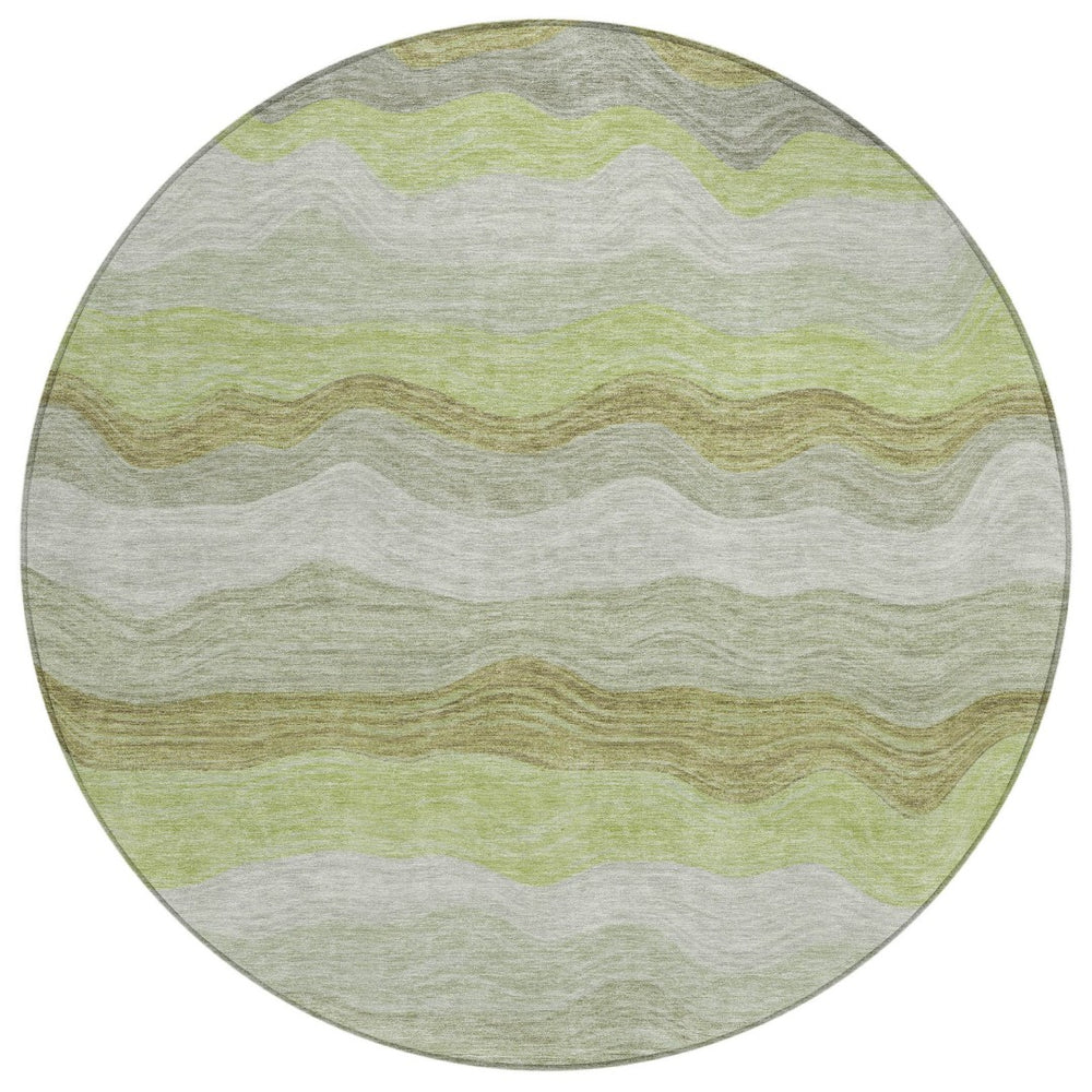 HomeRoots 8' Round Striped Area Rug in Artichoke Green, Taupe & Beige - Washable for Indoor/Outdoor Use 690383