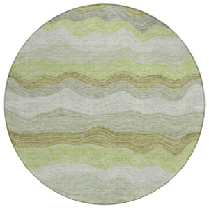 HomeRoots 8' Round Striped Area Rug in Artichoke Green, Taupe & Beige - Washable for Indoor/Outdoor Use 690383