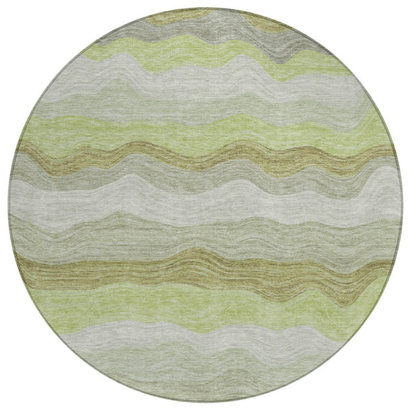 HomeRoots 8' Round Striped Area Rug in Artichoke Green, Taupe & Beige - Washable for Indoor/Outdoor Use 690383