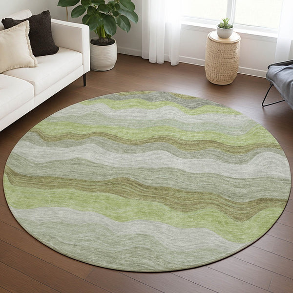 HomeRoots 8' Round Striped Area Rug in Artichoke Green, Taupe & Beige - Washable for Indoor/Outdoor Use 690383