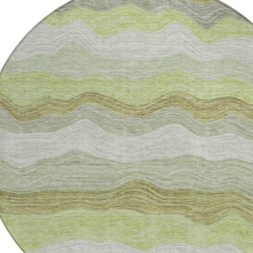 HomeRoots 8' Round Striped Area Rug in Artichoke Green, Taupe & Beige - Washable for Indoor/Outdoor Use 690383