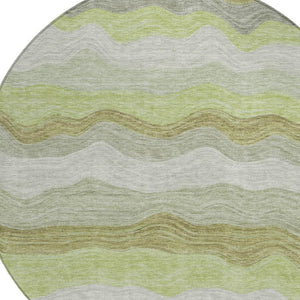 HomeRoots 8' Round Striped Area Rug in Artichoke Green, Taupe & Beige - Washable for Indoor/Outdoor Use 690383