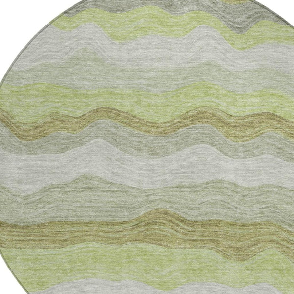 HomeRoots 8' Round Striped Area Rug in Artichoke Green, Taupe & Beige - Washable for Indoor/Outdoor Use 690383
