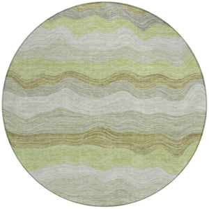 HomeRoots 8' Round Striped Area Rug in Artichoke Green, Taupe & Beige - Washable for Indoor/Outdoor Use 690383