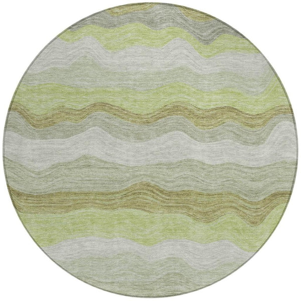 HomeRoots 8' Round Striped Area Rug in Artichoke Green, Taupe & Beige - Washable for Indoor/Outdoor Use 690383
