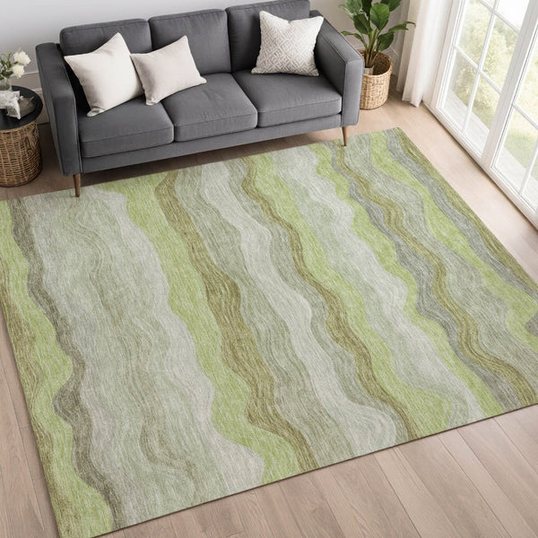 HomeRoots 10' X 14' Artichoke Green Striped Washable Area Rug – Durable Indoor/Outdoor Design for High-Traffic Spaces 690386