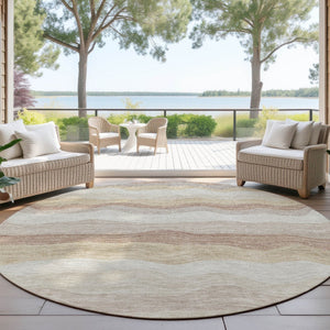 HomeRoots 8' Round Striped Washable Area Rug - Durable Beige, Brown & Ivory Design for Indoor/Outdoor Use 690389