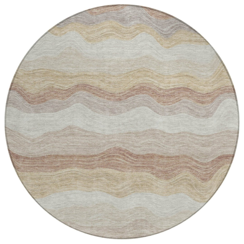 HomeRoots 8' Round Striped Washable Area Rug - Durable Beige, Brown & Ivory Design for Indoor/Outdoor Use 690389