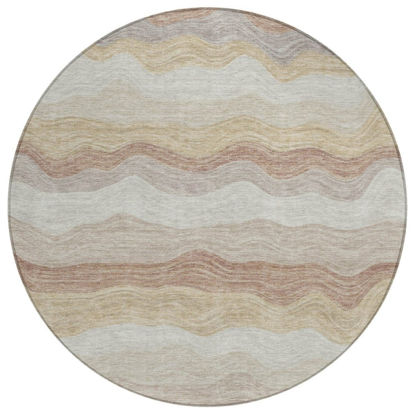 HomeRoots 8' Round Striped Washable Area Rug - Durable Beige, Brown & Ivory Design for Indoor/Outdoor Use 690389
