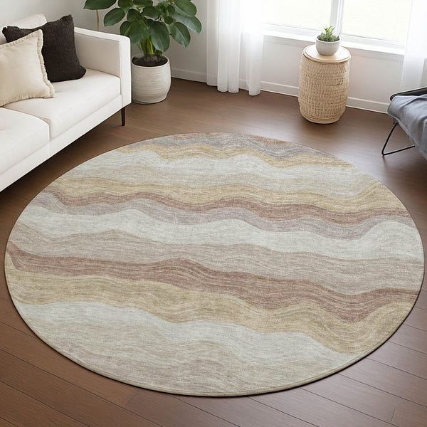 HomeRoots 8' Round Striped Washable Area Rug - Durable Beige, Brown & Ivory Design for Indoor/Outdoor Use 690389