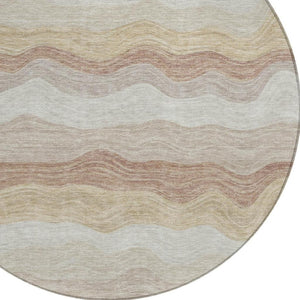 HomeRoots 8' Round Striped Washable Area Rug - Durable Beige, Brown & Ivory Design for Indoor/Outdoor Use 690389