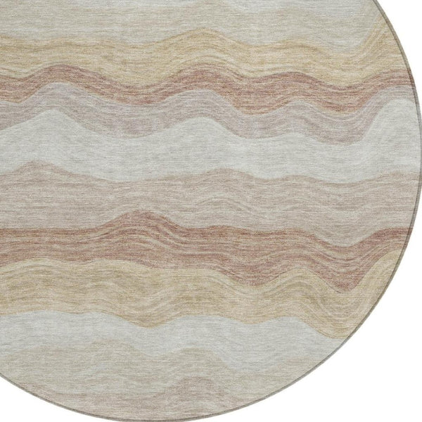 HomeRoots 8' Round Striped Washable Area Rug - Durable Beige, Brown & Ivory Design for Indoor/Outdoor Use 690389