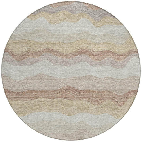HomeRoots 8' Round Striped Washable Area Rug - Durable Beige, Brown & Ivory Design for Indoor/Outdoor Use 690389