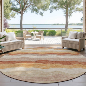 HomeRoots 8' Copper Orange and Beige Striped Round Area Rug - Stylish, Washable, Indoor-Outdoor Essential! 690395