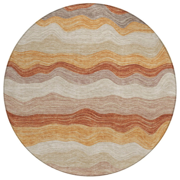 HomeRoots 8' Copper Orange and Beige Striped Round Area Rug - Stylish, Washable, Indoor-Outdoor Essential! 690395