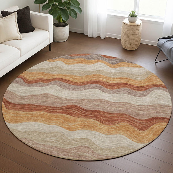 HomeRoots 8' Copper Orange and Beige Striped Round Area Rug - Stylish, Washable, Indoor-Outdoor Essential! 690395