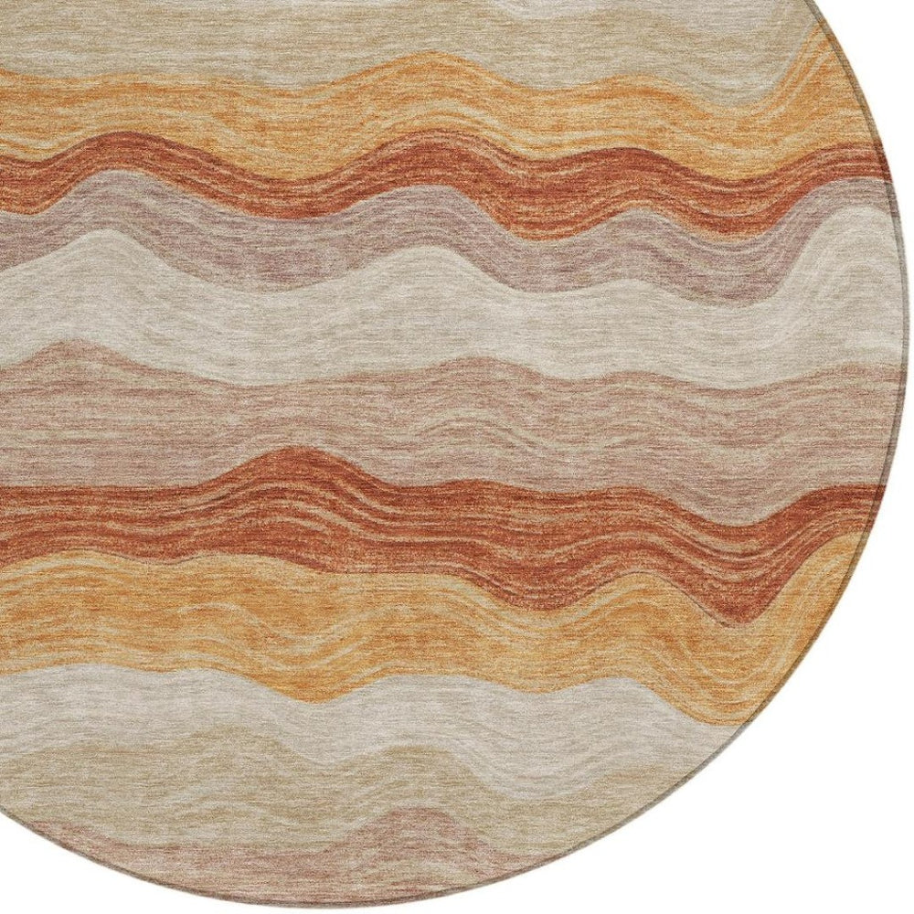 HomeRoots 8' Copper Orange and Beige Striped Round Area Rug - Stylish, Washable, Indoor-Outdoor Essential! 690395