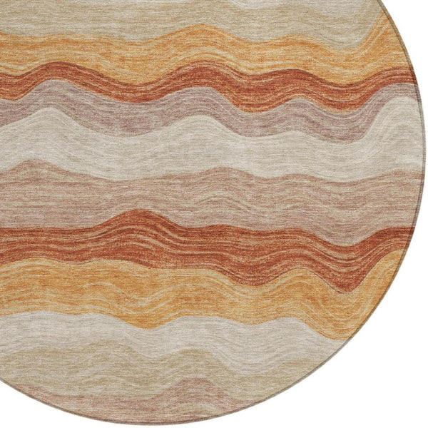 HomeRoots 8' Copper Orange and Beige Striped Round Area Rug - Stylish, Washable, Indoor-Outdoor Essential! 690395