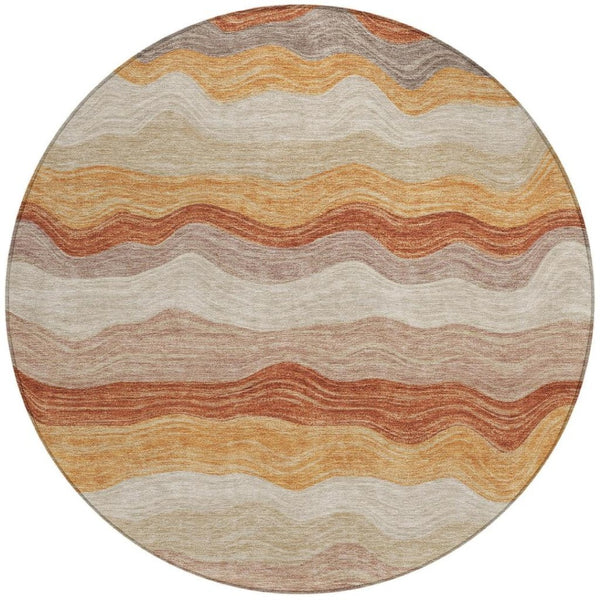 HomeRoots 8' Copper Orange and Beige Striped Round Area Rug - Stylish, Washable, Indoor-Outdoor Essential! 690395
