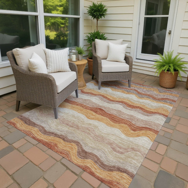 HomeRoots 9' Stylish Copper Orange & Beige Striped Washable Area Rug for Indoor & Outdoor Use – Durable & Chic 690397
