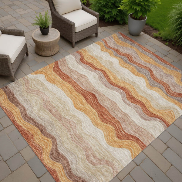HomeRoots 9' Stylish Copper Orange & Beige Striped Washable Area Rug for Indoor & Outdoor Use – Durable & Chic 690397