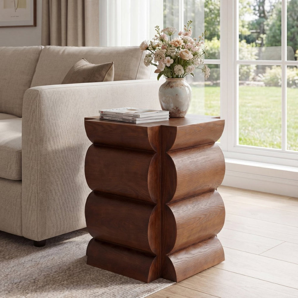 English Elm 15.35 Inch Dark Veneer Curved Tiered End Table for Modern Minimalist Living Rooms N772P412289B