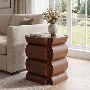 English Elm 15.35 Inch Dark Veneer Curved Tiered End Table for Modern Minimalist Living Rooms N772P412289B