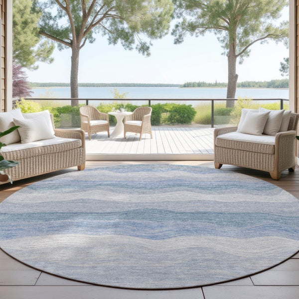 HomeRoots 8' Round Striped Indoor Outdoor Area Rug in Denim Blue, Ivory & Gray – Durable, Washable & Stylish! 690401