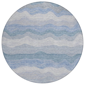 HomeRoots 8' Round Striped Indoor Outdoor Area Rug in Denim Blue, Ivory & Gray – Durable, Washable & Stylish! 690401