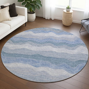 HomeRoots 8' Round Striped Indoor Outdoor Area Rug in Denim Blue, Ivory & Gray – Durable, Washable & Stylish! 690401