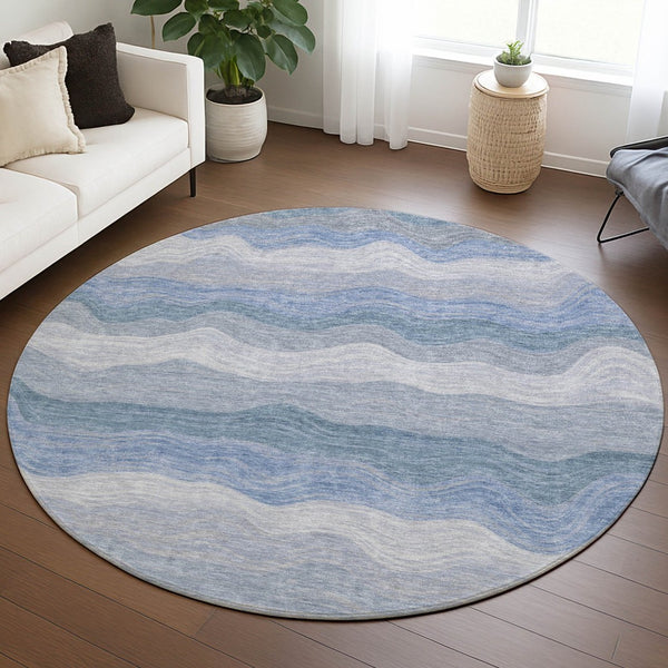HomeRoots 8' Round Striped Indoor Outdoor Area Rug in Denim Blue, Ivory & Gray – Durable, Washable & Stylish! 690401