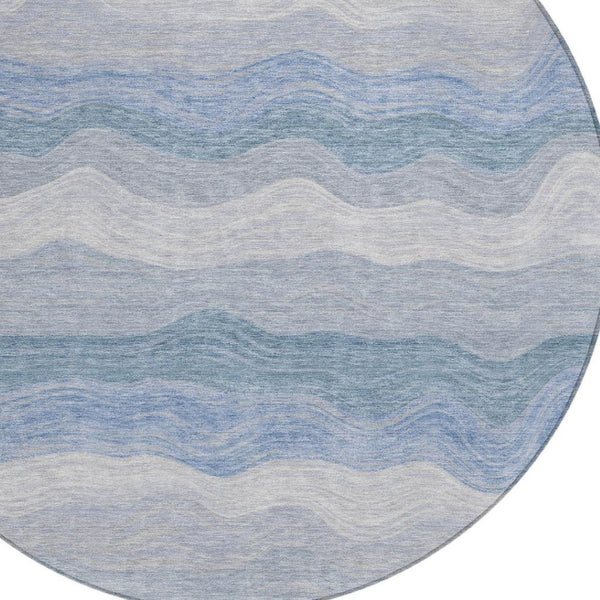 HomeRoots 8' Round Striped Indoor Outdoor Area Rug in Denim Blue, Ivory & Gray – Durable, Washable & Stylish! 690401