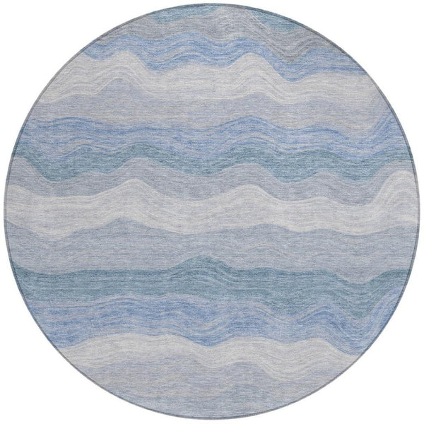 HomeRoots 8' Round Striped Indoor Outdoor Area Rug in Denim Blue, Ivory & Gray – Durable, Washable & Stylish! 690401