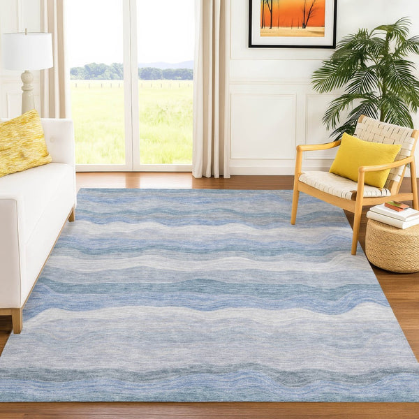 HomeRoots 9' X 12' Stylish Denim Blue Striped Area Rug - Washable, Durable & Versatile for Indoor/Outdoor Use 690403