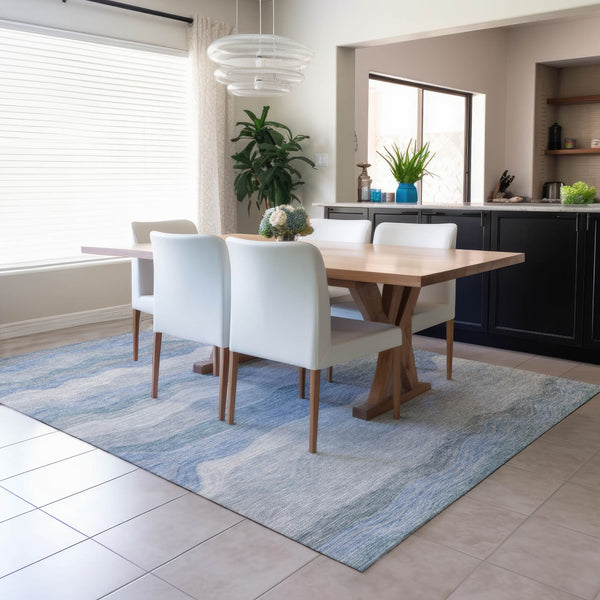 HomeRoots 9' X 12' Stylish Denim Blue Striped Area Rug - Washable, Durable & Versatile for Indoor/Outdoor Use 690403