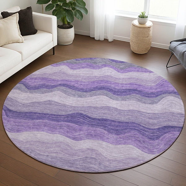 HomeRoots 8' Bold Purple & Plum Striped Washable Round Rug - Durable, Versatile Indoor/Outdoor Decor Solution 690407