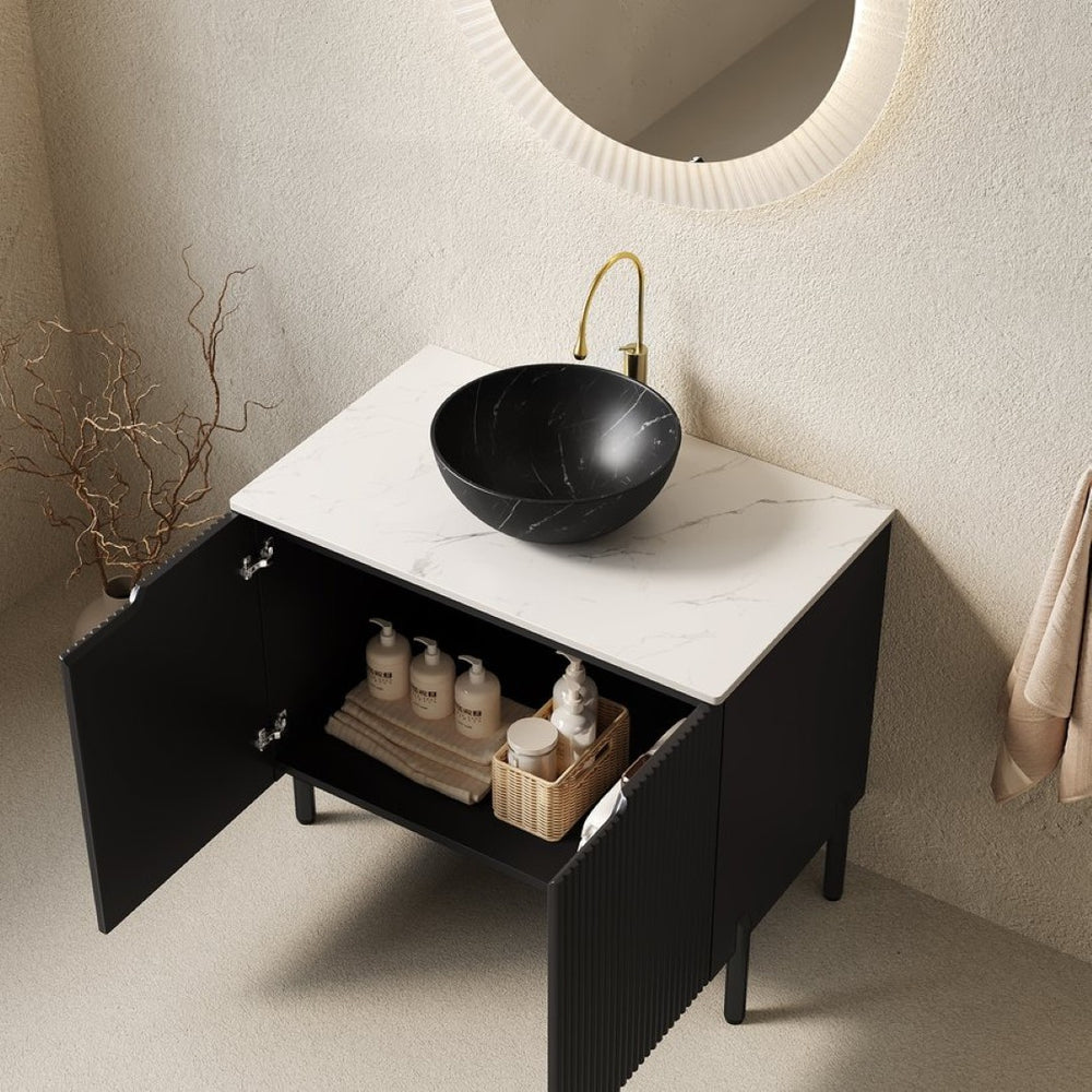 English Elm Turio Freestanding Bathroom Vanity Plywood Cabinet Sintered Stone Top Glass Basin W2615S00256