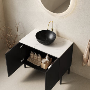 English Elm Turio Freestanding Bathroom Vanity Plywood Cabinet Sintered Stone Top Glass Basin W2615S00256